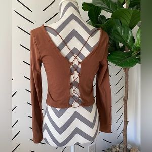 Brown Fashion Nova Long Sleeve Tie Back Crop Top